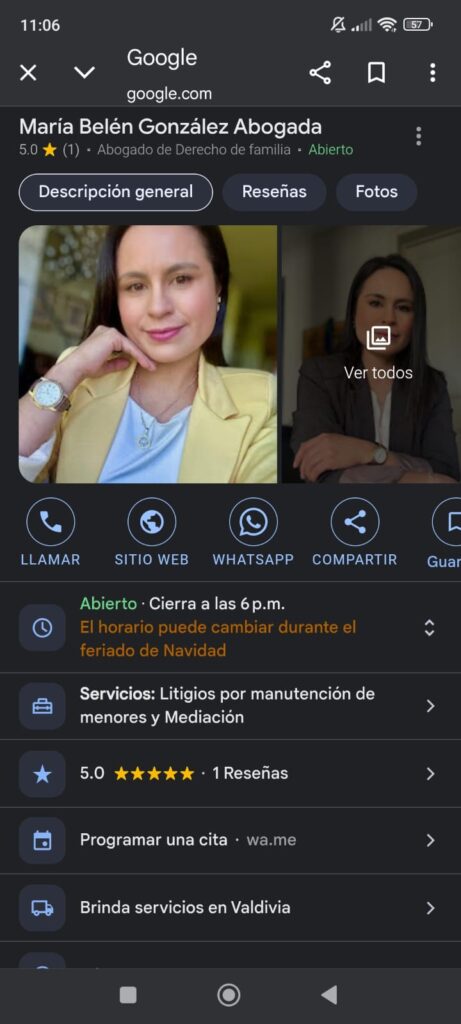 Perfil de negocio de Abogada entregando información gracias a Google Local Express